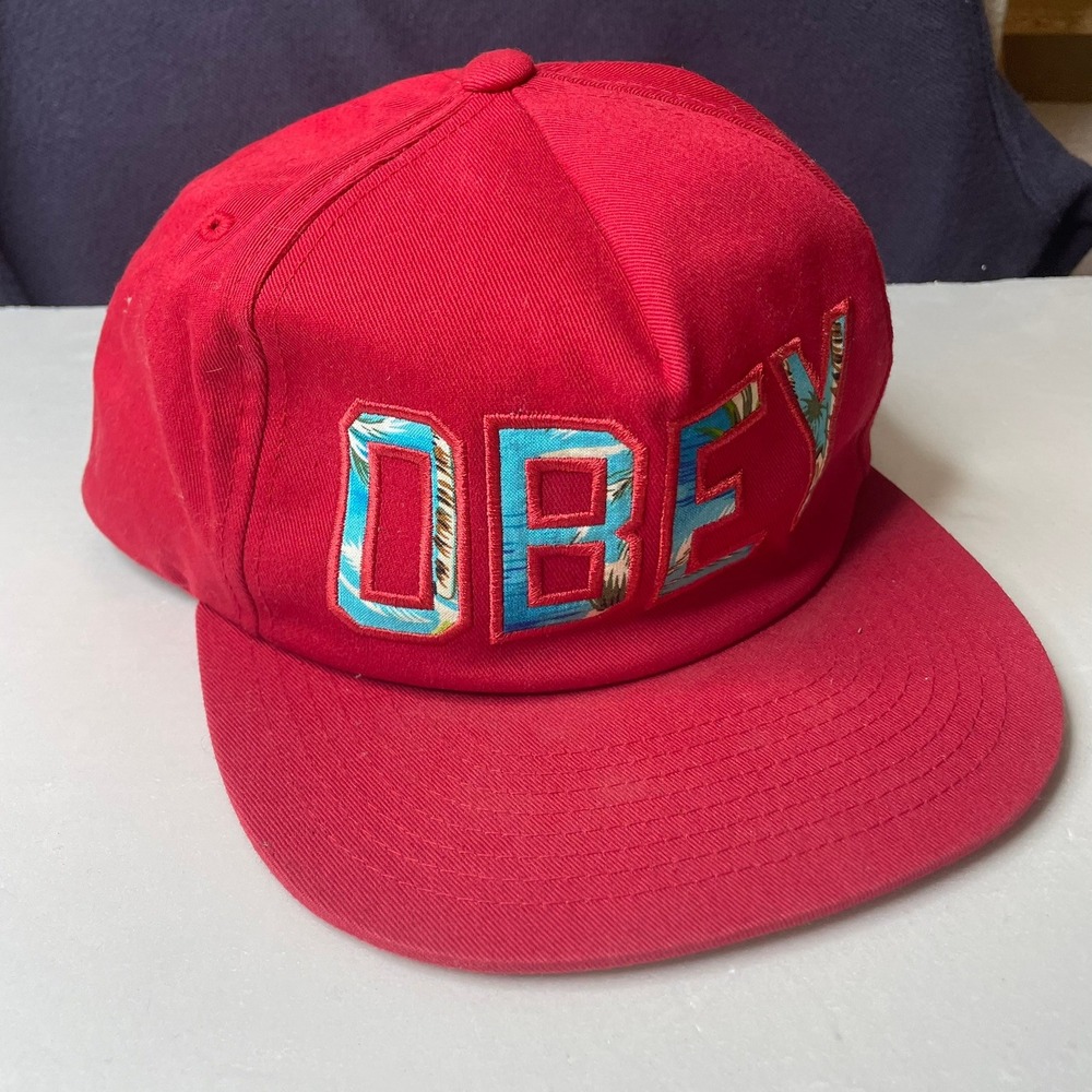 OBEY Red Snapback Hat Tropical‎ Palm Tree Logo One Size Fits All Cotton Blend